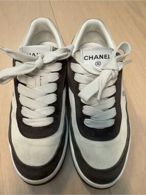 Chanel White Gray Suede Leather Low Top Sneakers Size 38 Authentic